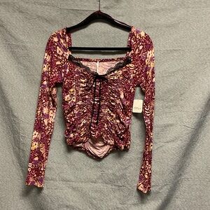 Free People Purple Floral Ruched Blouse
